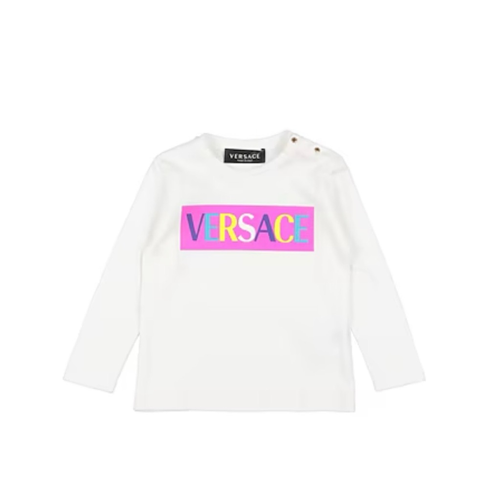 Versace Kids White Long Sleeve Tee with Neon Multicolor Logo